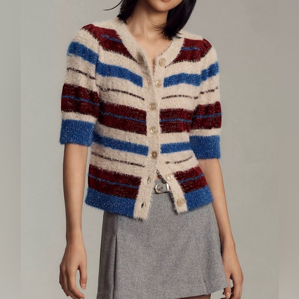 Maeve Anthropologie Short-Sleeve Fuzzy Cardigan Sweater Size S - Picture 1 of 11